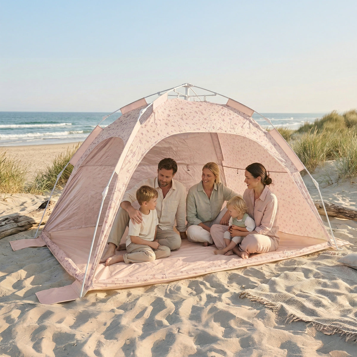 Strandtelt Dreamy Flowers – strandmusling med Quick-Up-system, UV-beskyttelse 80+ og afskærmning