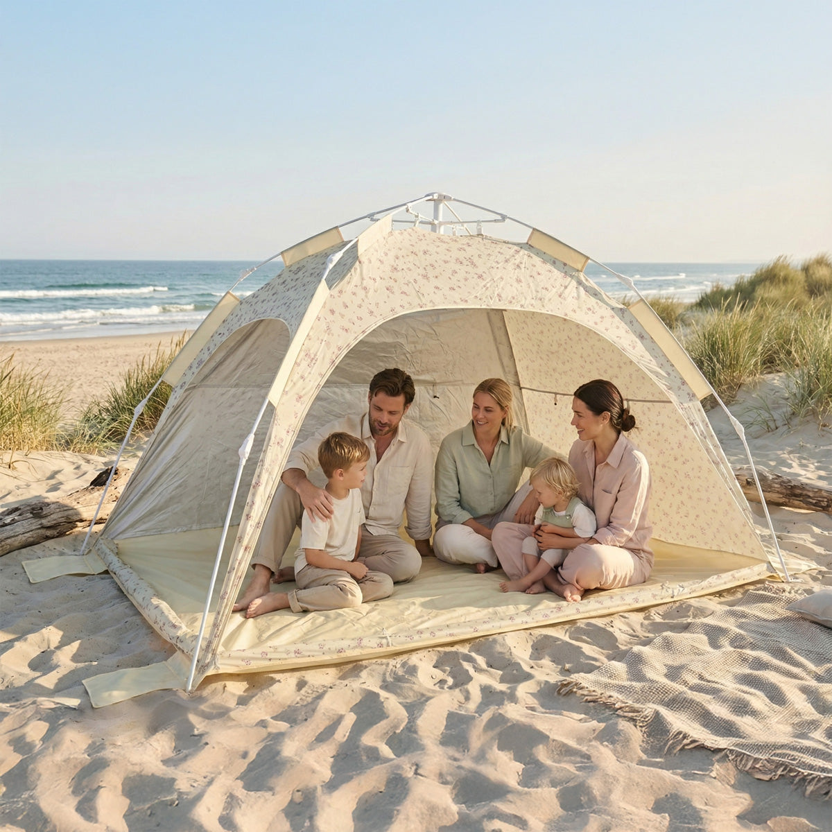 Strandtelt Vintage Flowers – strandmusling med Quick-Up-system, UV-beskyttelse 80+ og afskærmning
